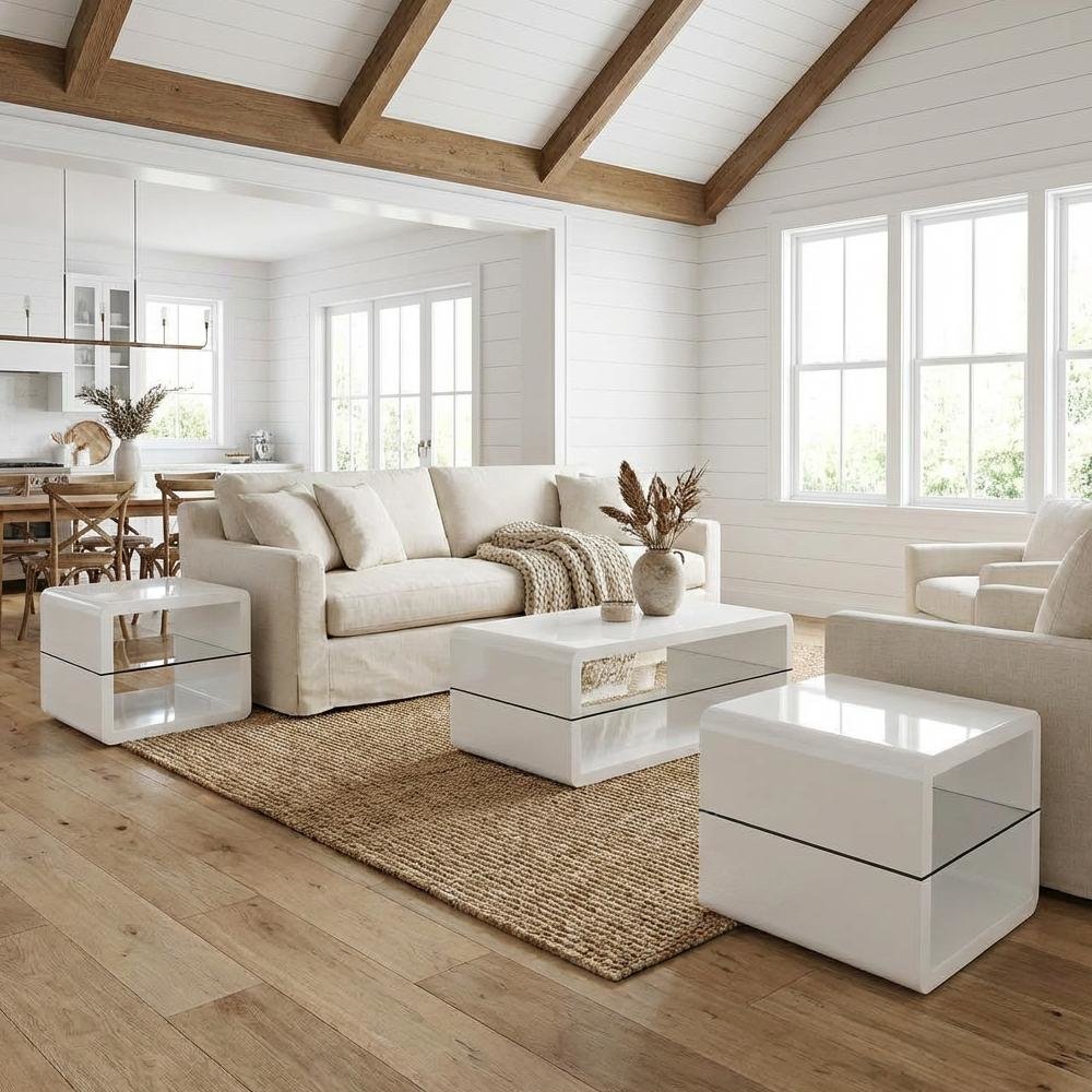 White 3-Piece Coffee and End Table Set with High Gloss Finish and Plastic Glides