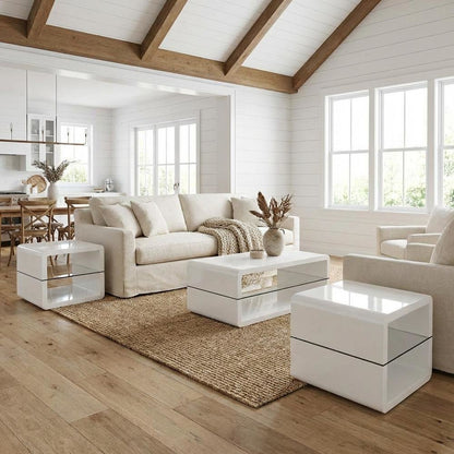 White 3-Piece Coffee and End Table Set with High Gloss Finish and Plastic Glides
