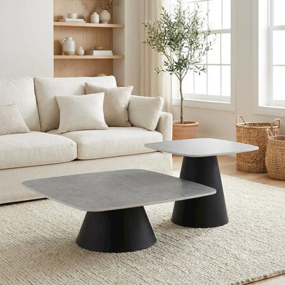 Concrete and Black 2-Piece Cocktail Coffee Table Set with Square Design