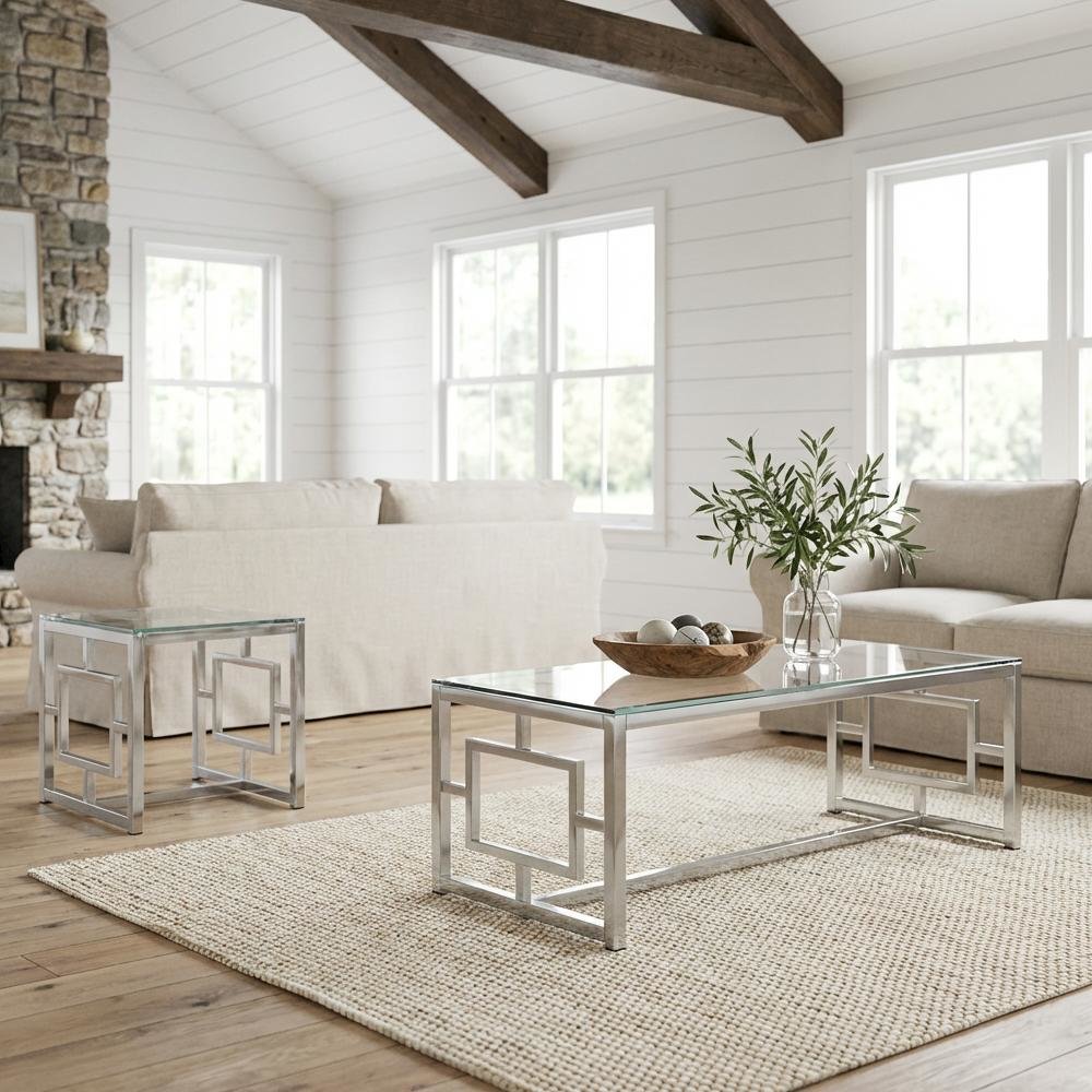 2-Piece Rectangular Living Room Table Set, Plastic Glides, Contemporary Design