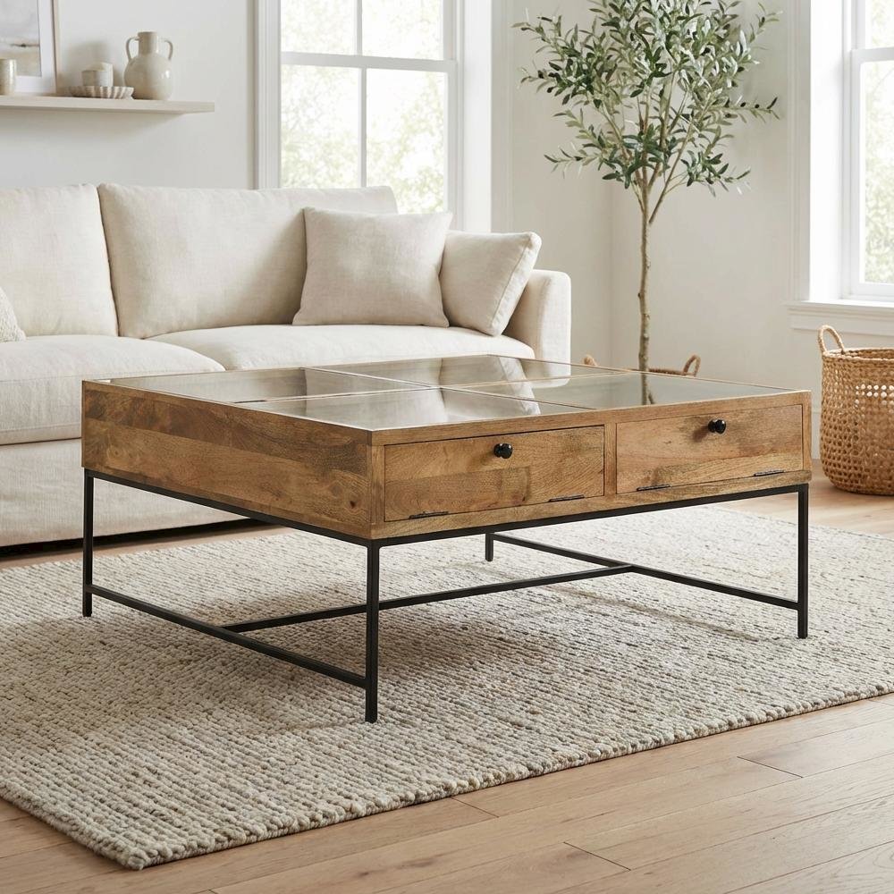 Brown Square Coffee Table with Honey Brown Wood Finish and 4 Drawers for Storage
