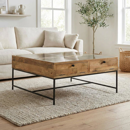 Brown Square Coffee Table with Honey Brown Wood Finish and 4 Drawers for Storage