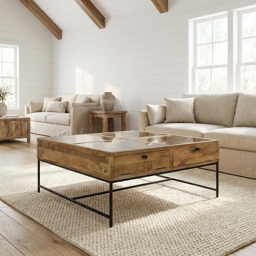 Brown Square Coffee Table with Honey Brown Wood Finish and 4 Drawers for Storage