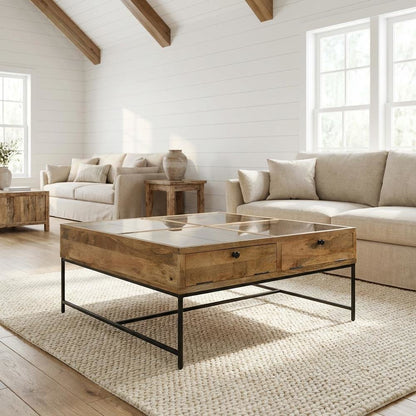 Brown Square Coffee Table with Honey Brown Wood Finish and 4 Drawers for Storage