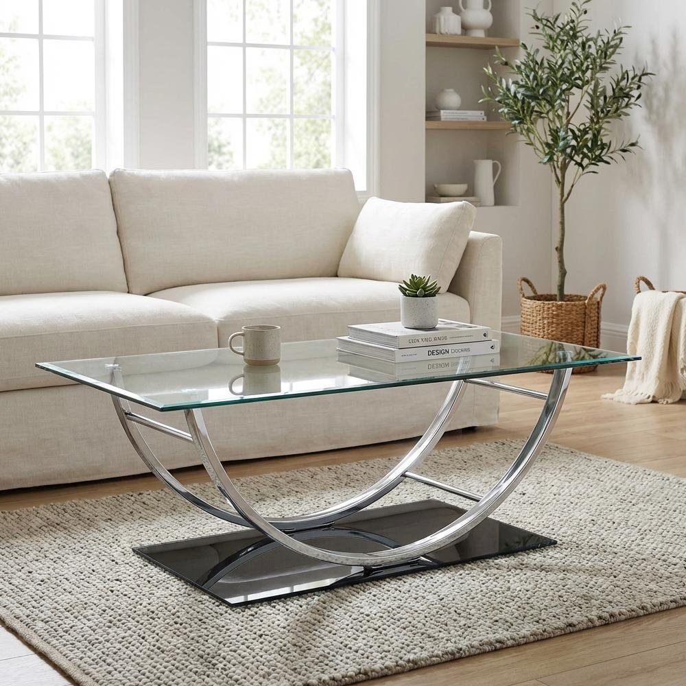 Rectangular Silver U-Shaped Coffee Table with Glass Top and Chrome Frame