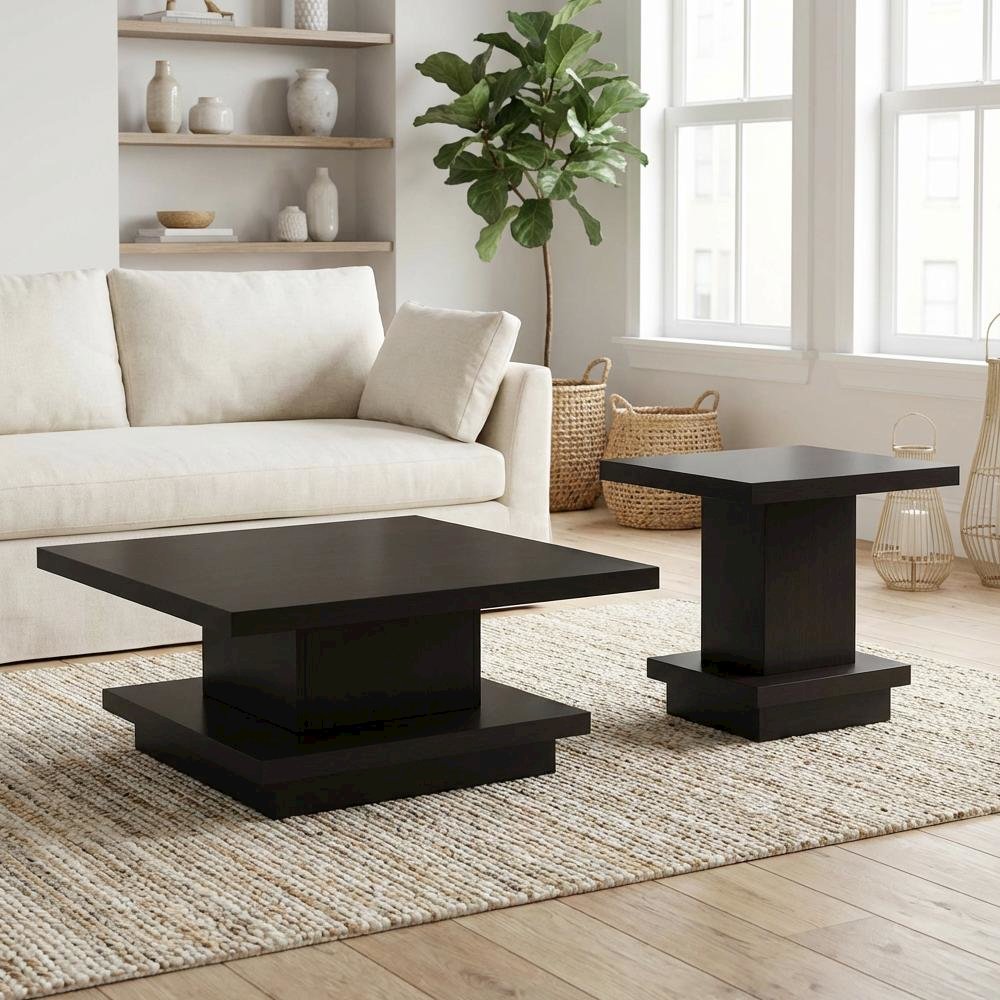 Cappuccino 2-Piece Square Coffee and End Table Set with Plastic Glide