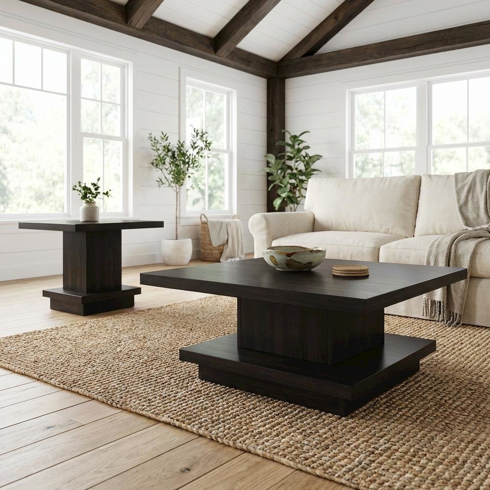 Cappuccino 2-Piece Square Coffee and End Table Set with Plastic Glide