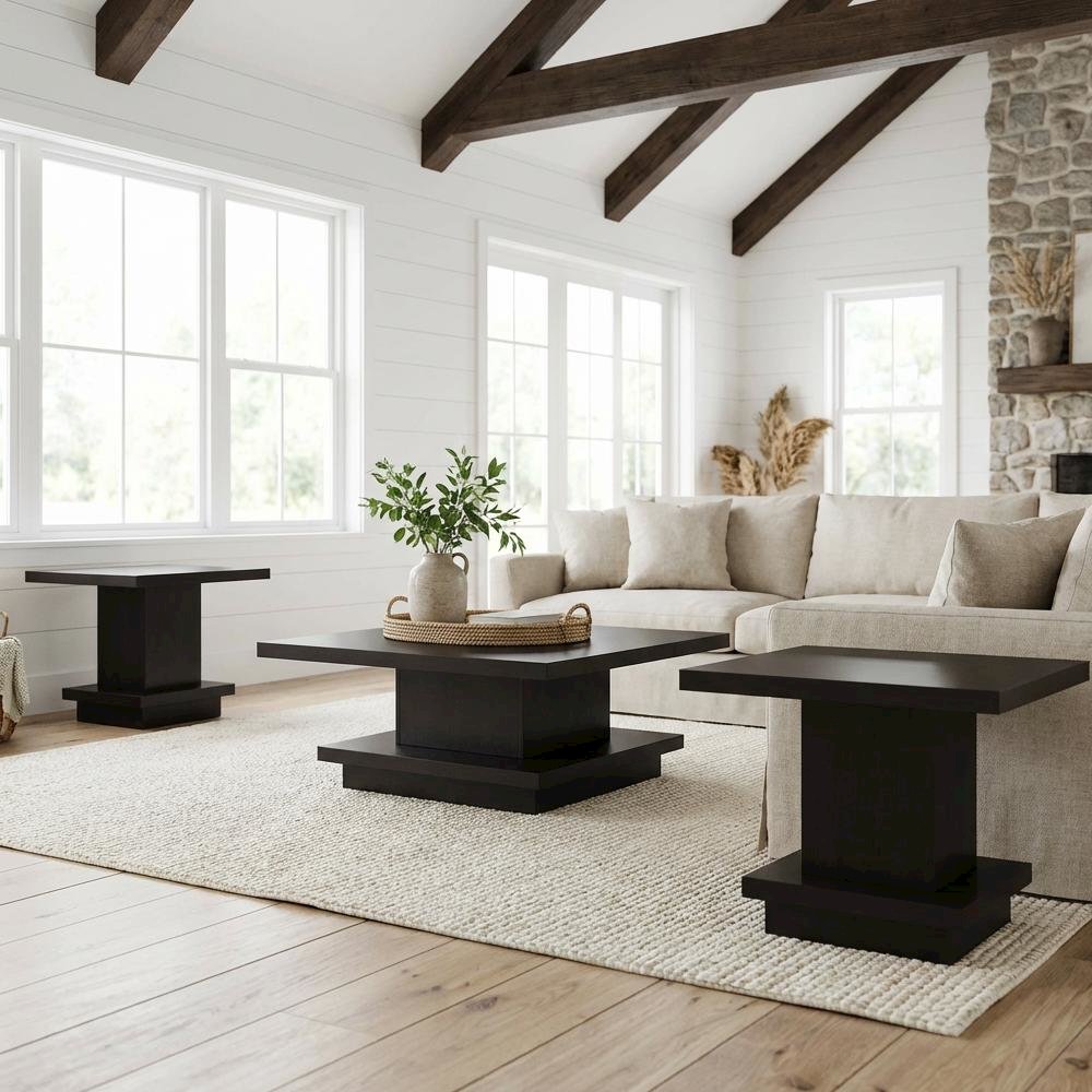 Cappuccino 3-Piece Coffee and End Table Set, Rectangular Tops, Plastic Glides
