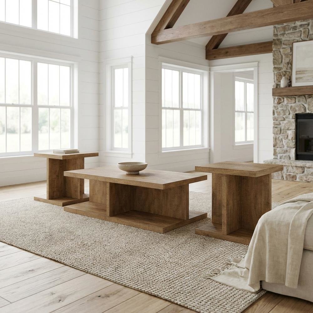 3-Piece Living Room Table Set in Mango with Rectangular Coffee and End Tables