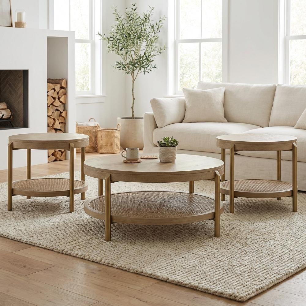 3-Piece Round Sand Wash Coffee and End Table Set with Sturdy Construction