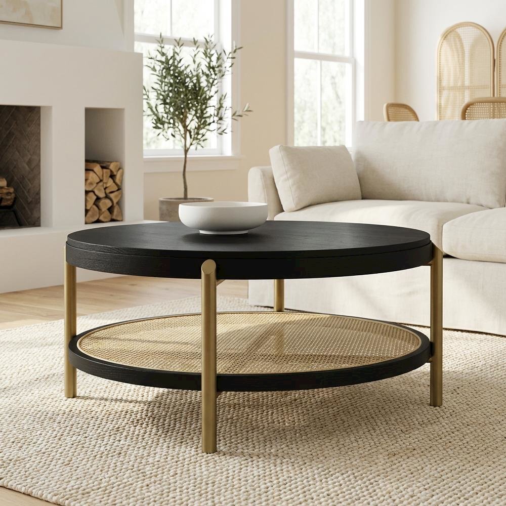 Round Black Coffee Table with Storage Shelf and Adjustable Levelers