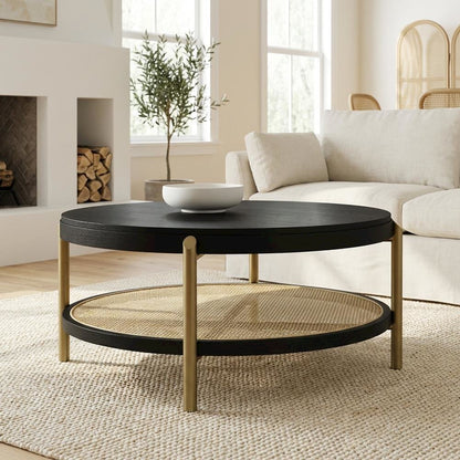 Round Black Coffee Table with Storage Shelf and Adjustable Levelers