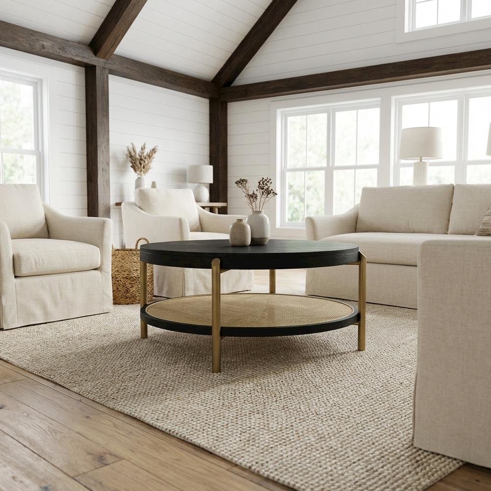 Round Black Coffee Table with Storage Shelf and Adjustable Levelers