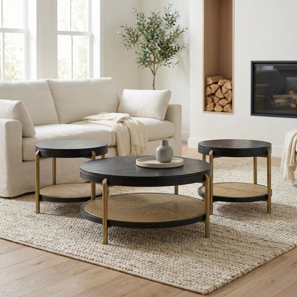 3-Piece Black Round Coffee and End Table Set with Sturdy Frame