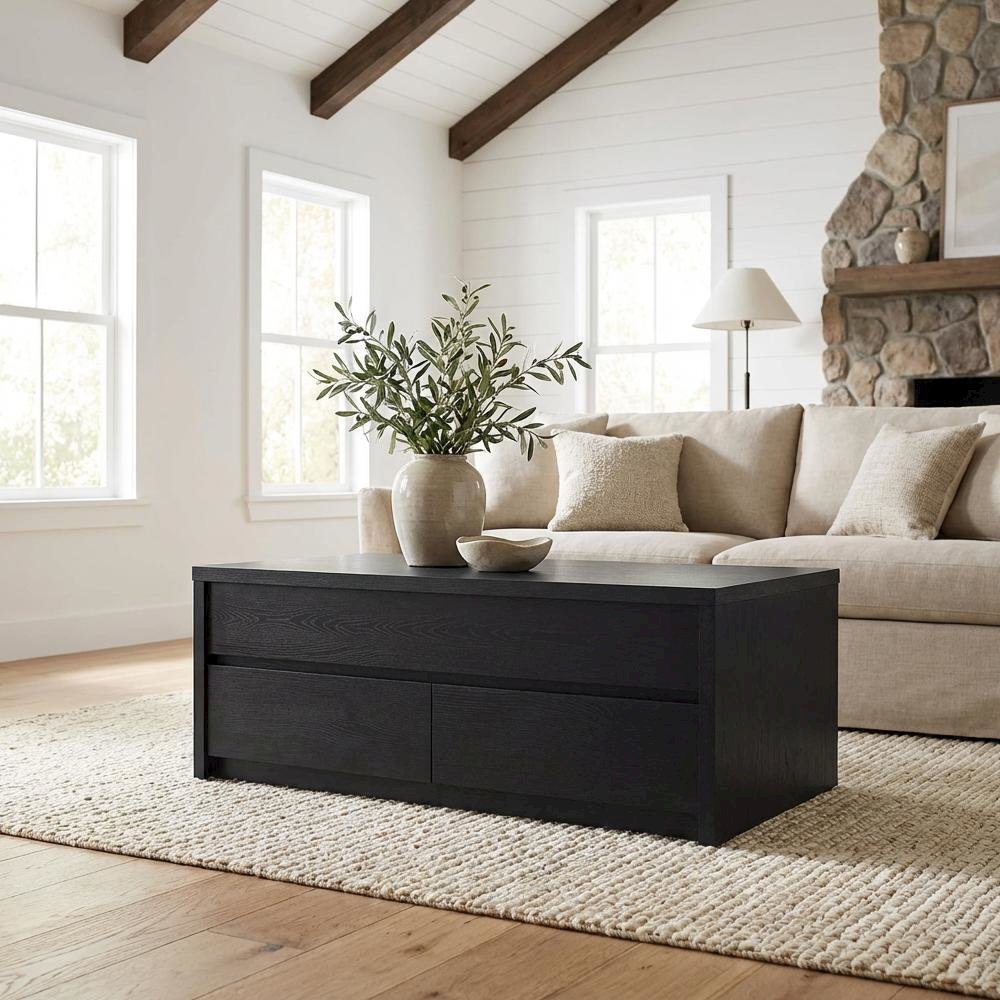 Lift Top Coffee Table Black with Dual Drawers Rectangular Contemporary Design