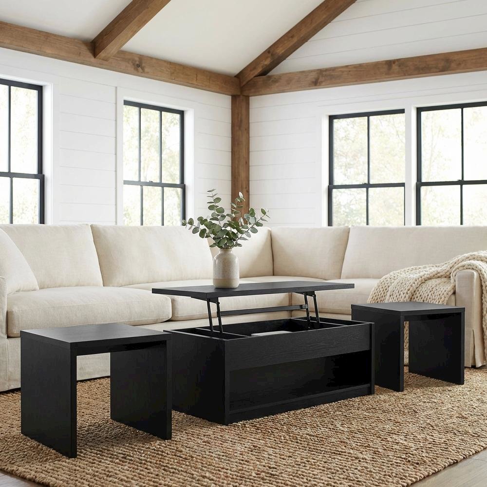 Black 3-Piece Lift Top Coffee Table Set with Casters and Rectangular Design