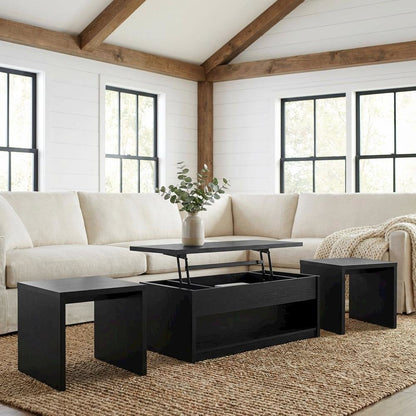 Black 3-Piece Lift Top Coffee Table Set with Casters and Rectangular Design