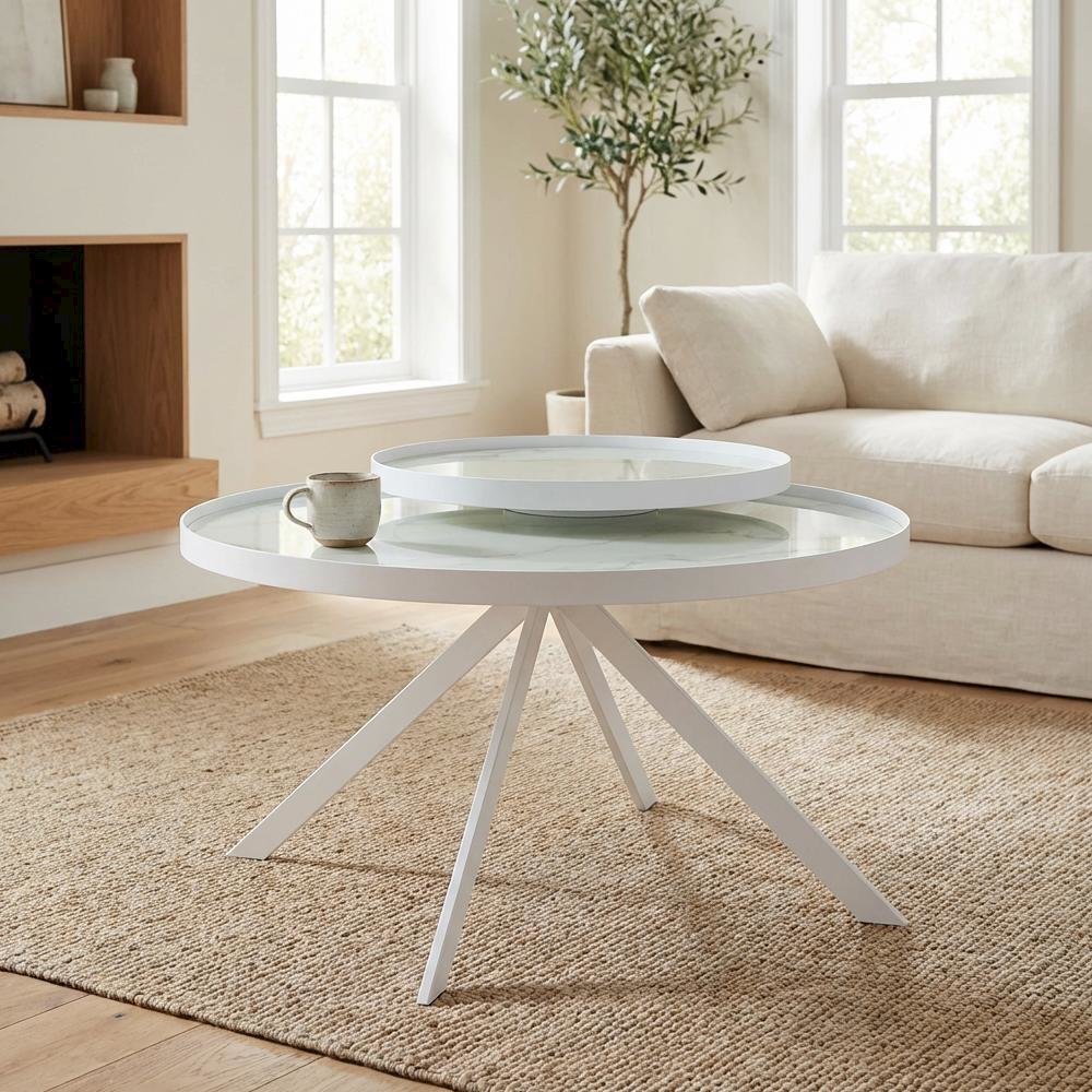 Round White Marble Printed Glass Top Coffee Table, Leveler