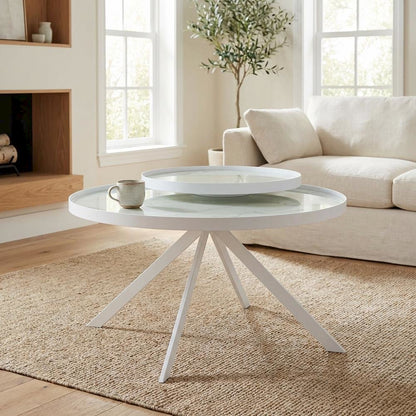 Round White Marble Printed Glass Top Coffee Table, Leveler
