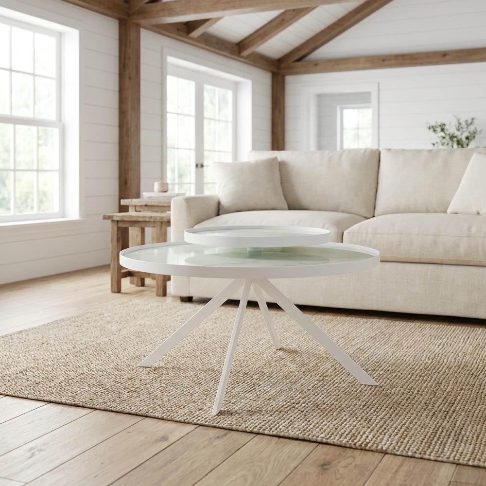 Round White Marble Printed Glass Top Coffee Table, Leveler