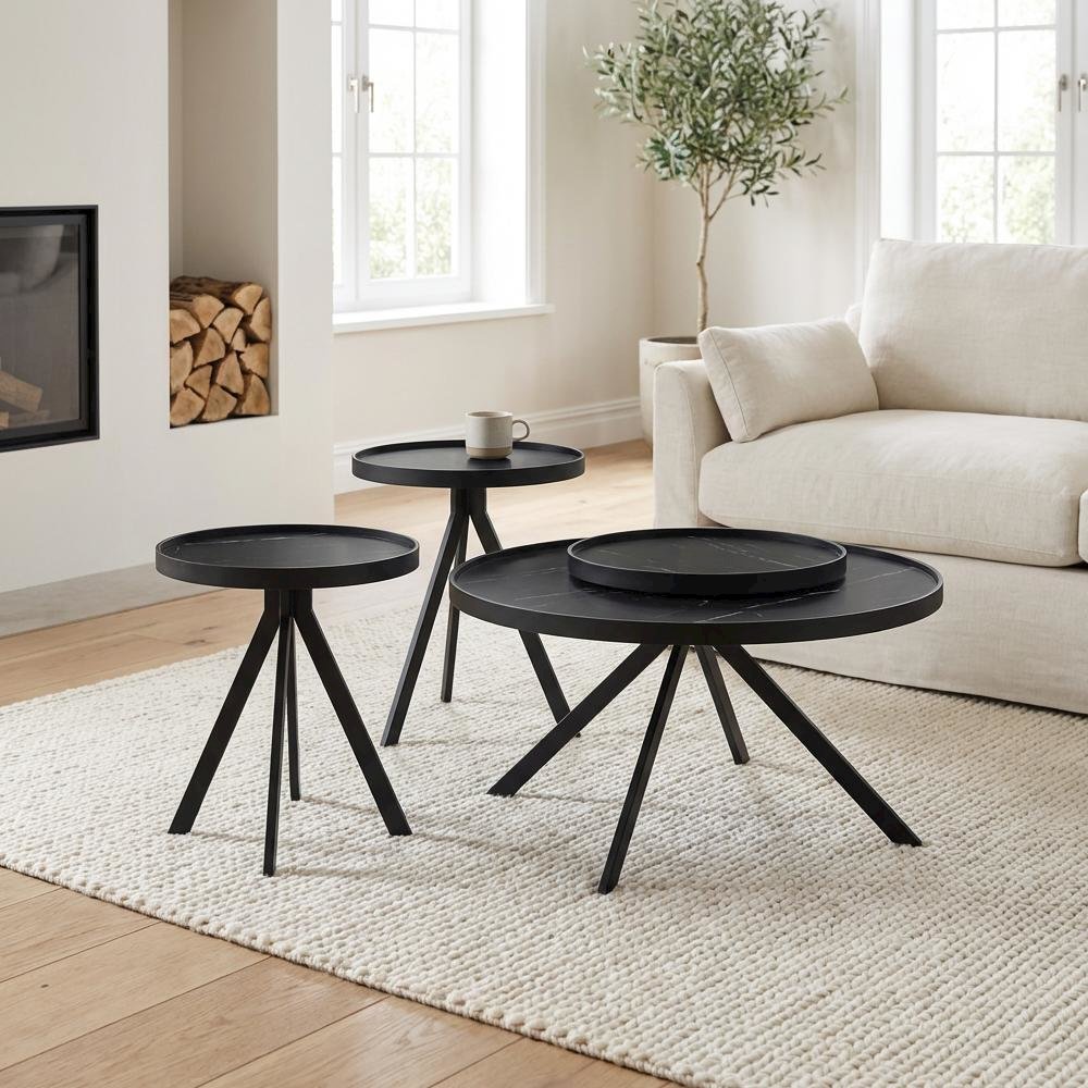 Black 3-Piece Round Coffee and End Table Set with Contemporary Design