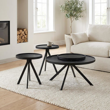 Black 3-Piece Round Coffee and End Table Set with Contemporary Design