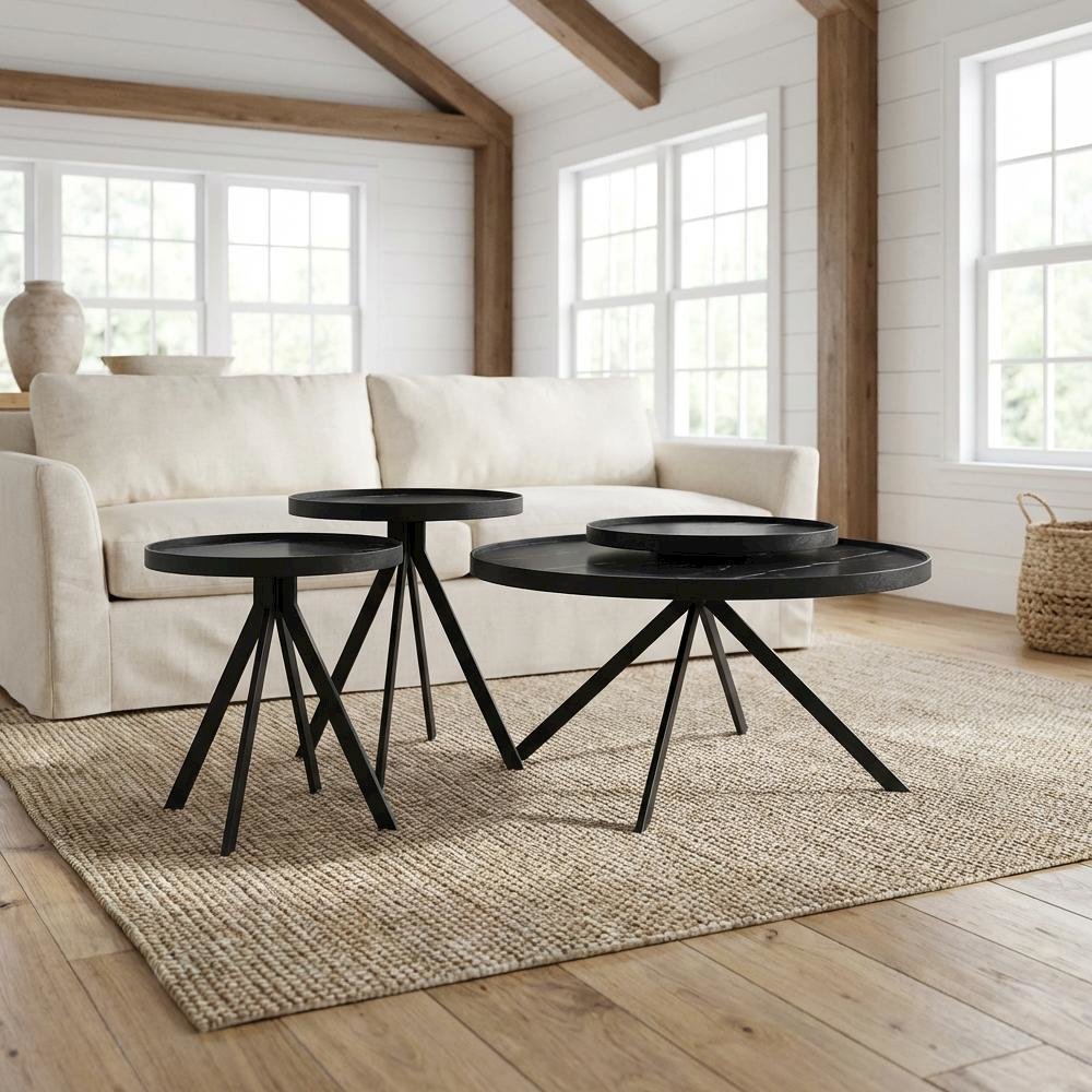 Black 3-Piece Round Coffee and End Table Set with Contemporary Design