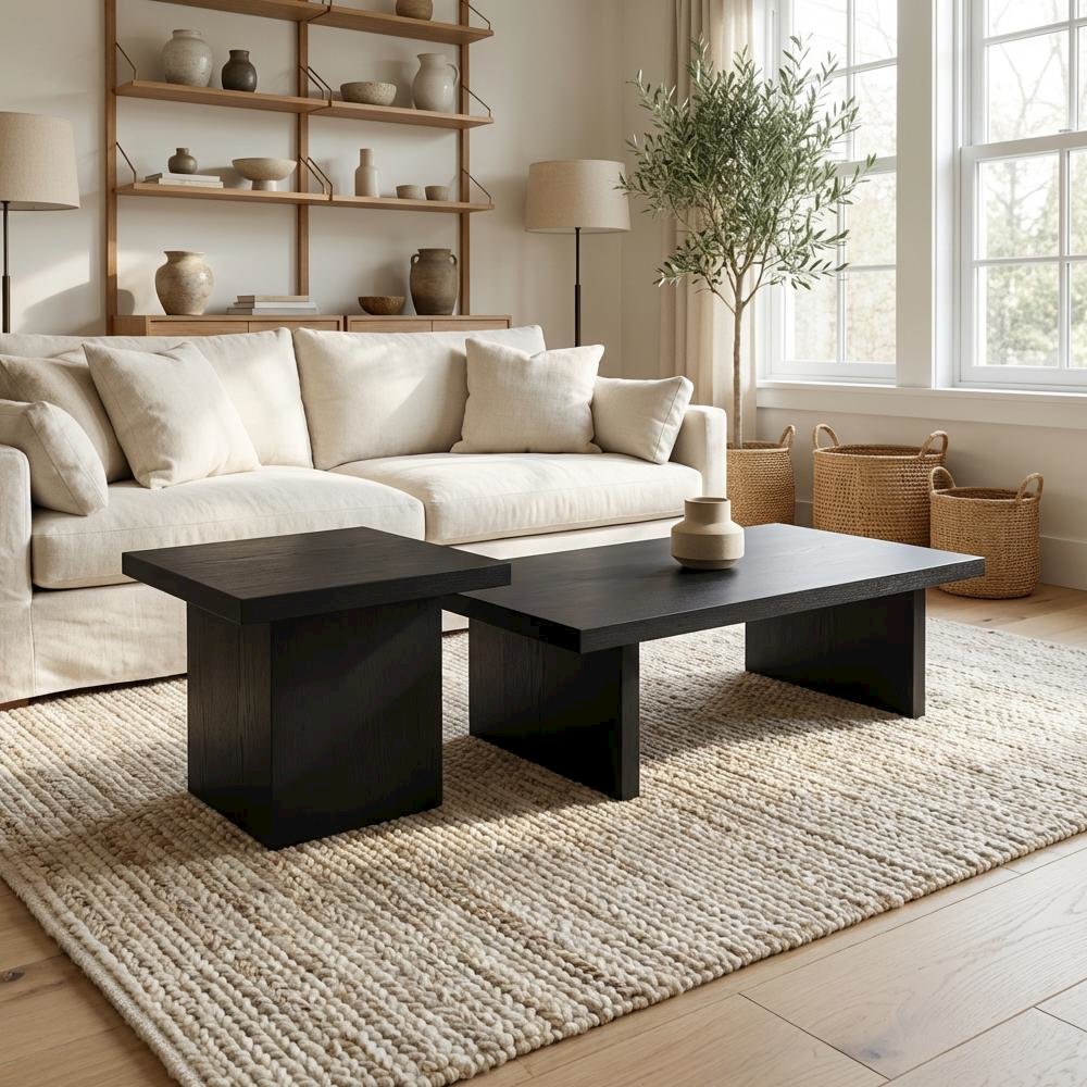 Black 2-Piece Rectangular Table Set with Contemporary Design and Durable Glide