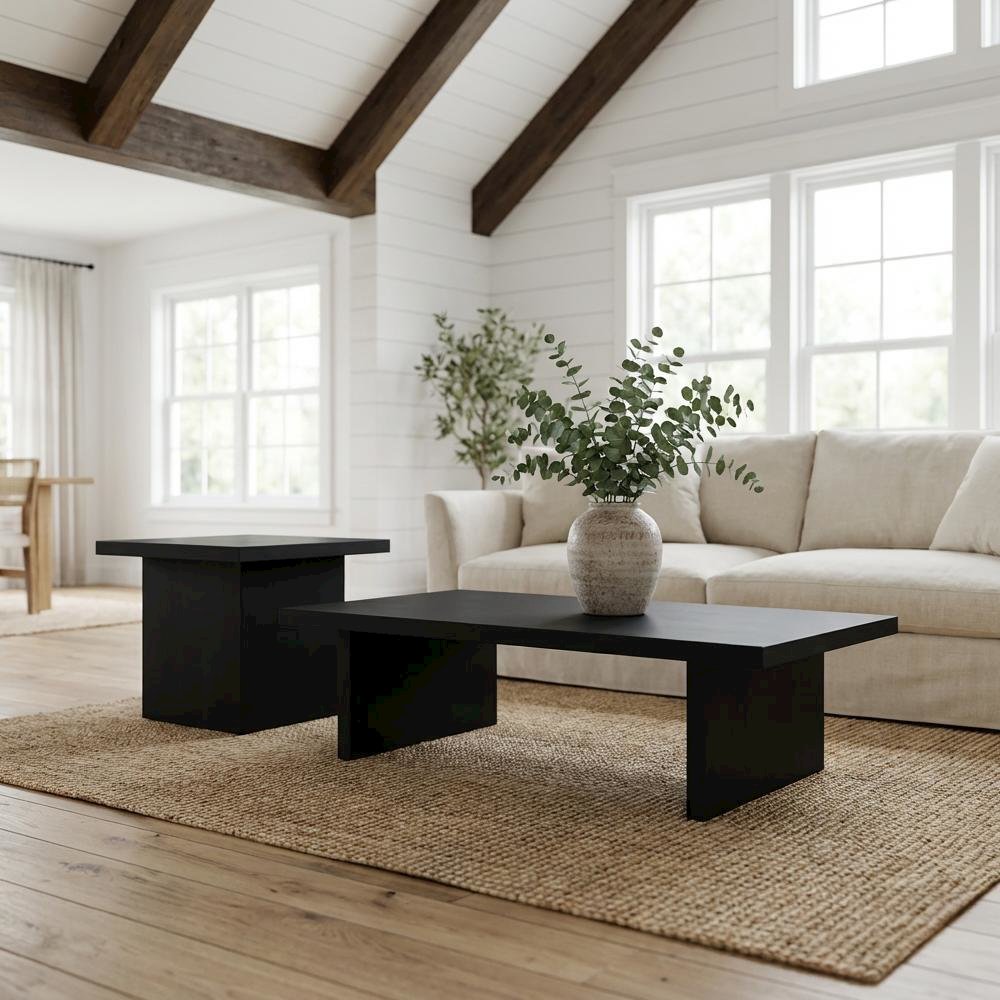 Black 2-Piece Rectangular Table Set with Contemporary Design and Durable Glide