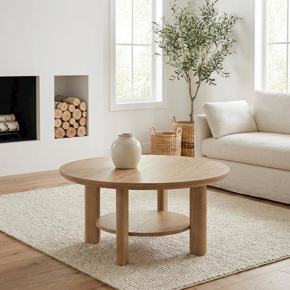 Light Oak Round Coffee Table with Transitional Style and Leveler Glide