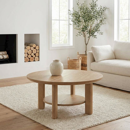 Light Oak Round Coffee Table with Transitional Style and Leveler Glide