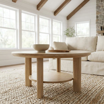 Light Oak Round Coffee Table with Transitional Style and Leveler Glide
