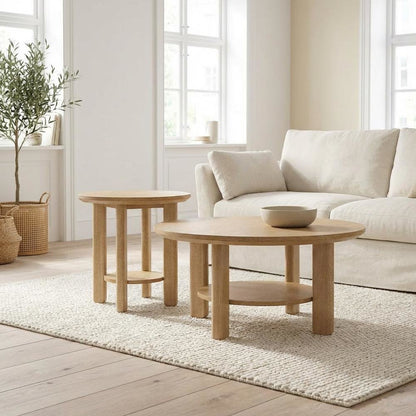 2-Piece Light Oak Round Coffee and End Table Set with Transitional Design