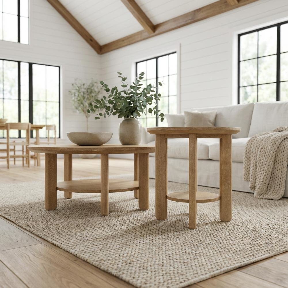 2-Piece Light Oak Round Coffee and End Table Set with Transitional Design