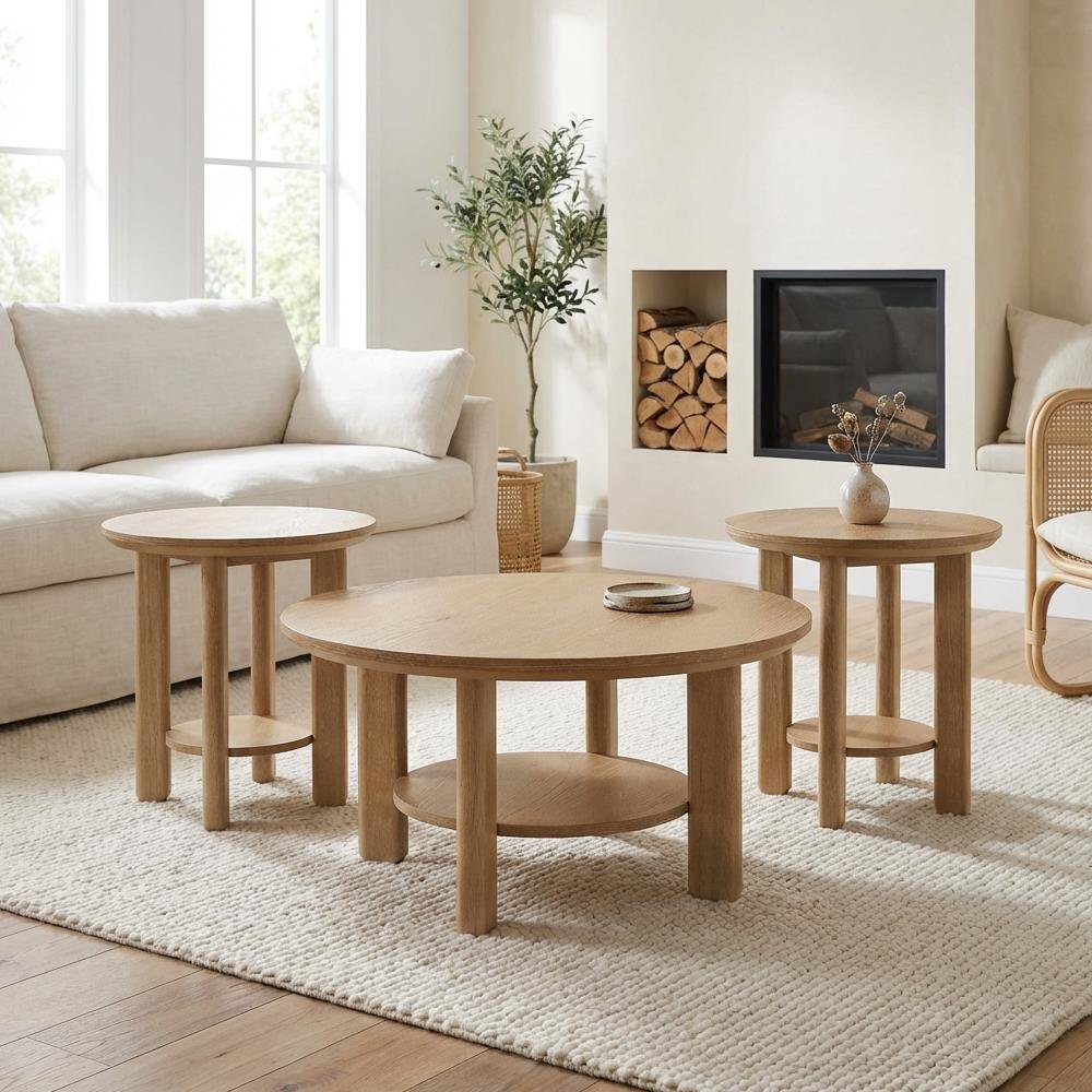 Light Oak 3-Piece Round Wood Coffee Table Set with End Tables