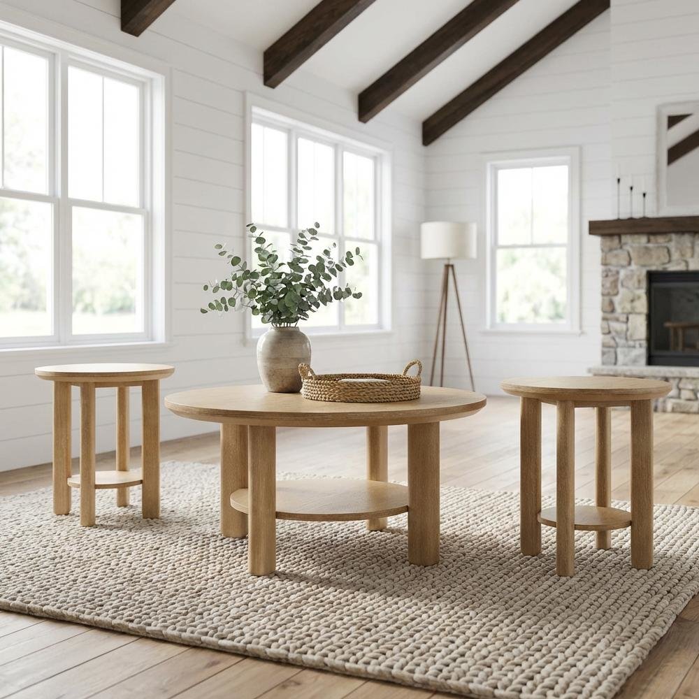 Light Oak 3-Piece Round Wood Coffee Table Set with End Tables