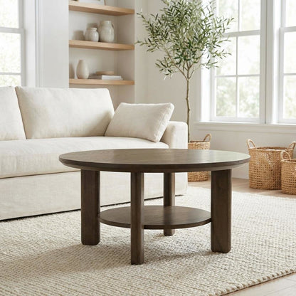 Brown Round Coffee Table with Leveler and Transitional Style, 200 LBS Capacity