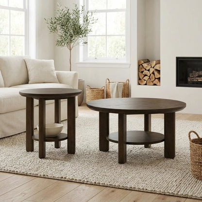 Brown 2-Piece Round Wood Coffee Table Set, Transitional Design, Durable Build
