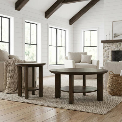 Brown 2-Piece Round Wood Coffee Table Set, Transitional Design, Durable Build