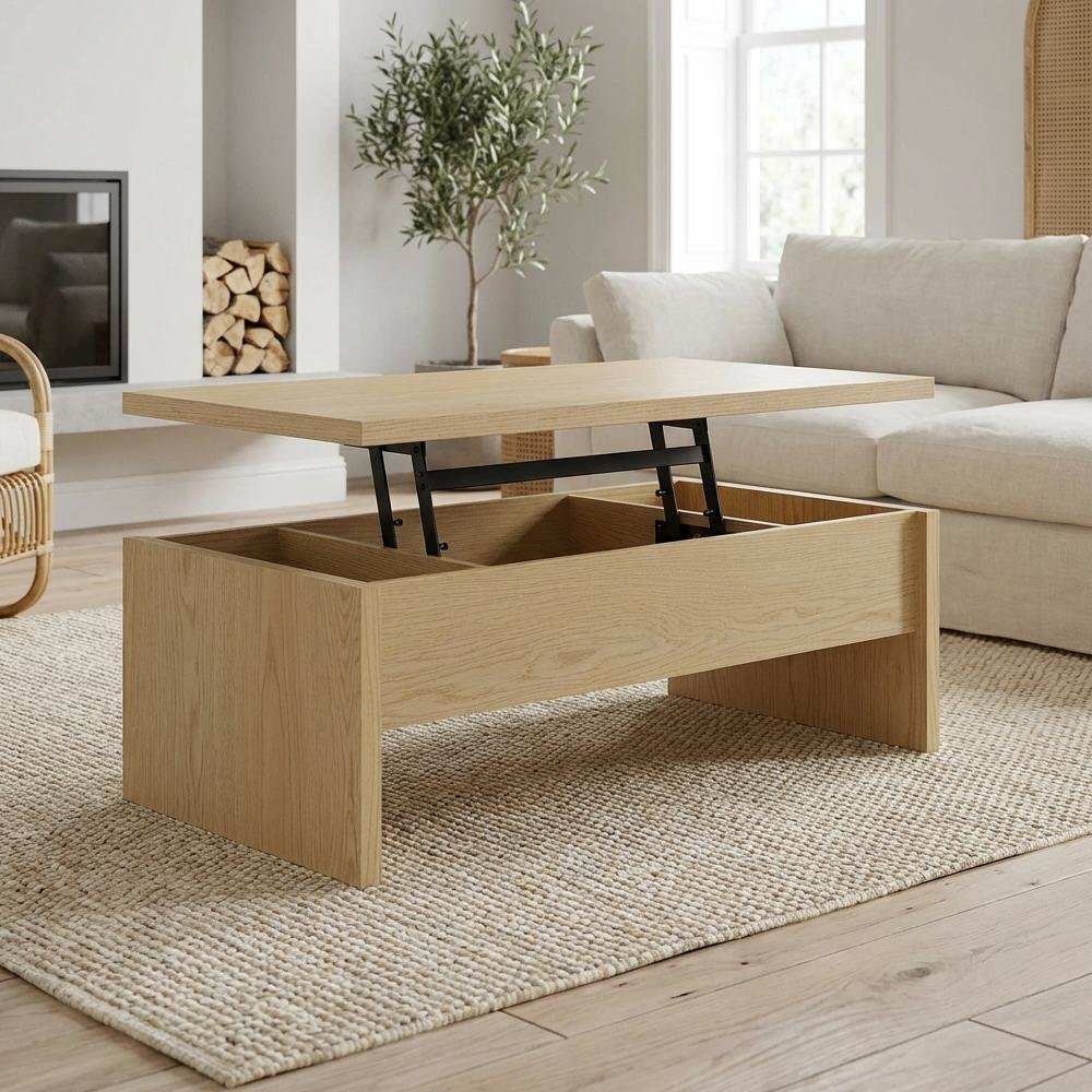 Light Oak Lift-Top Coffee Table with Rectangular Shelf and Plastic Glide