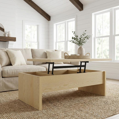 Light Oak Lift-Top Coffee Table with Rectangular Shelf and Plastic Glide
