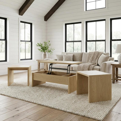 Light Oak 3-Piece Lift Top Coffee Table Set, Rectangular Shape, Plastic Glide