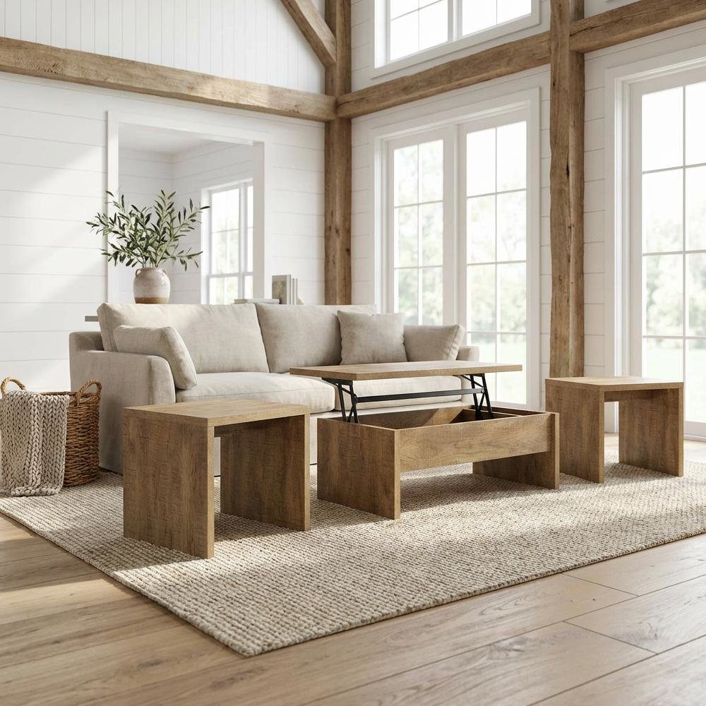 Rustic Brown 3-Piece Lift-Top Coffee Table Set with Rectangular Design