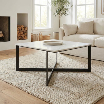 White and Black Square Marble Top Coffee Table with Contemporary Design
