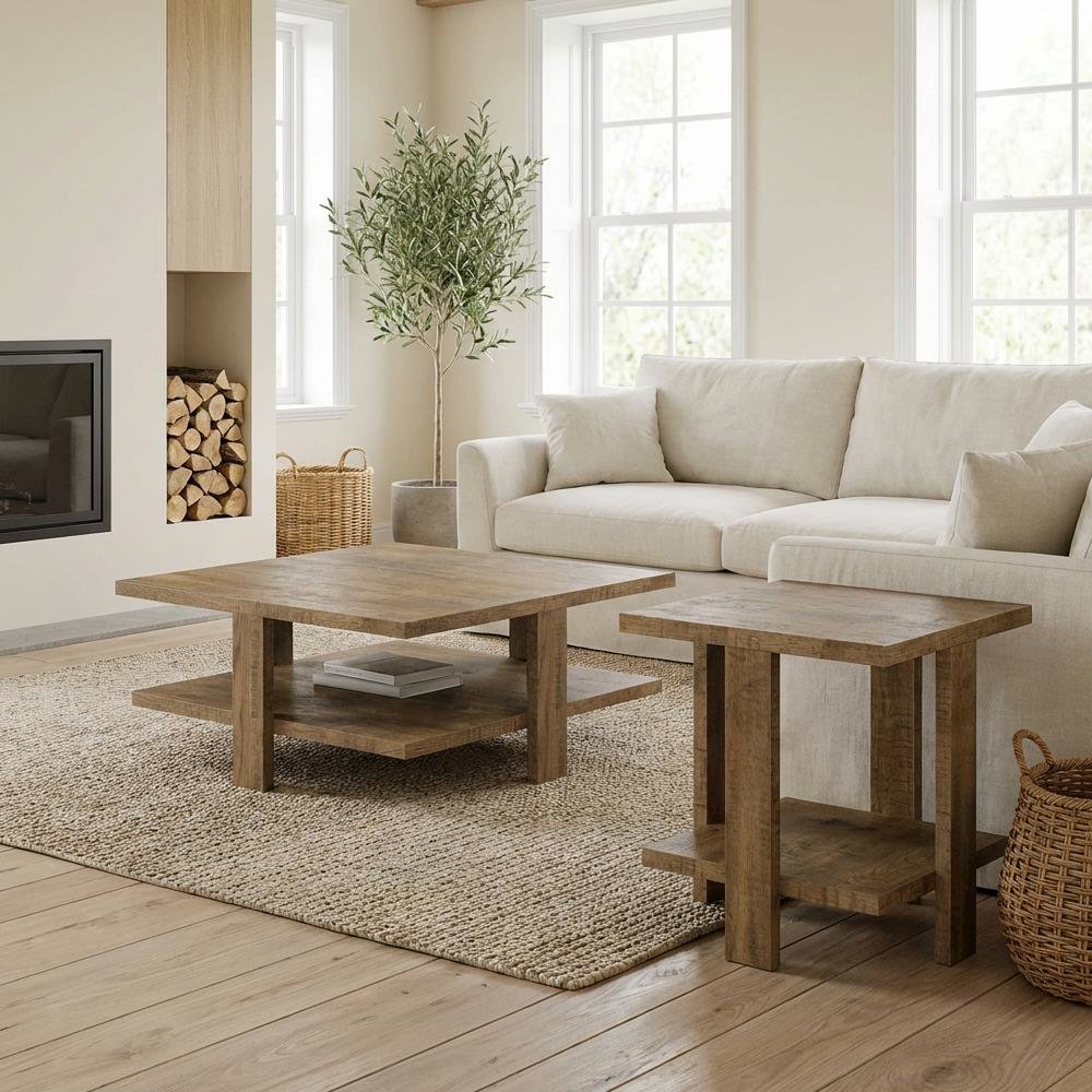 Round Mango Brown Coffee and End Table Set 2-Piece with Farmhouse Style