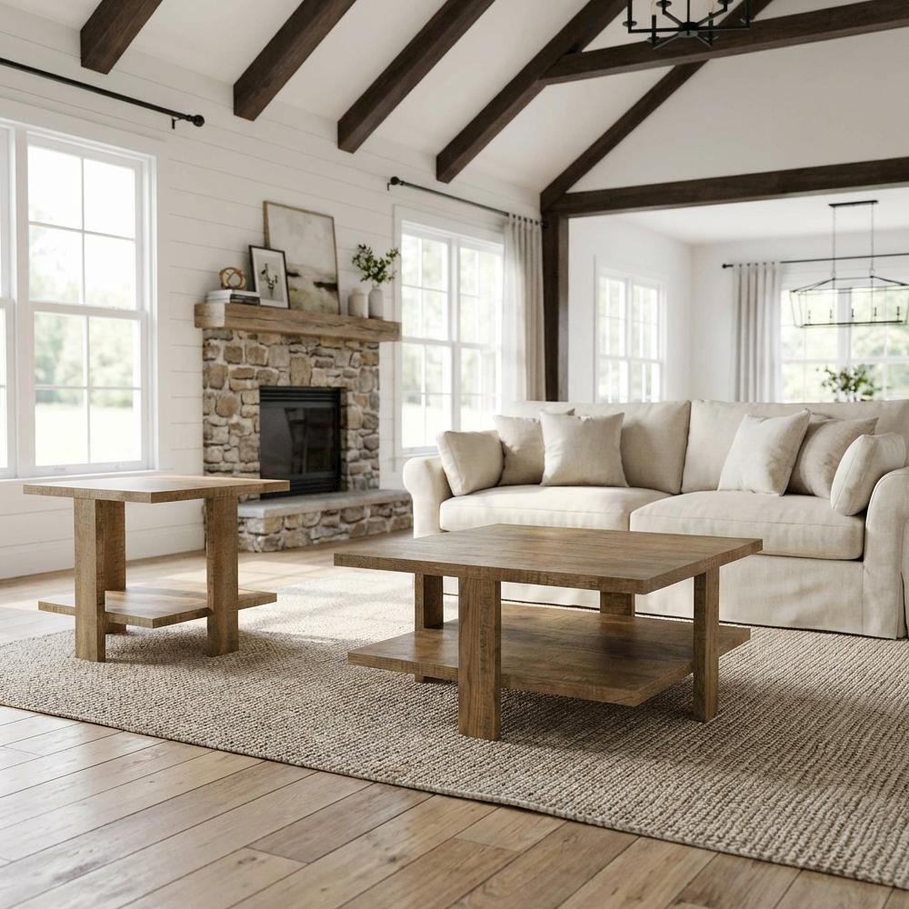Round Mango Brown Coffee and End Table Set 2-Piece with Farmhouse Style