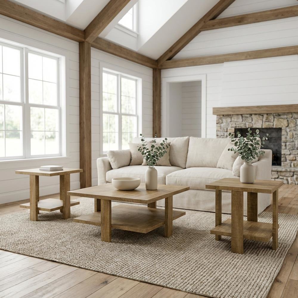 Brown 3-Piece Round Coffee and End Table Set with Plastic Glide