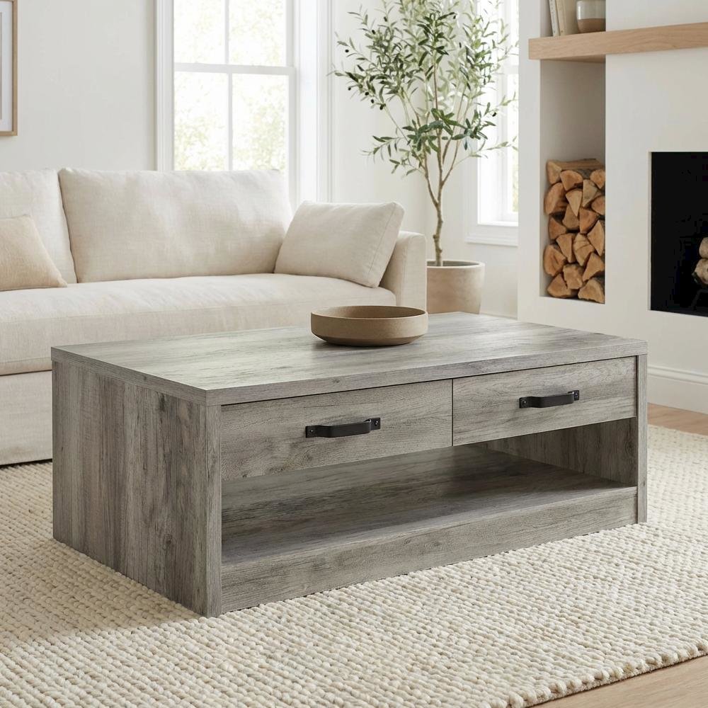 Grey Driftwood Rectangular Coffee Table with 2 Drawers and Black Finish