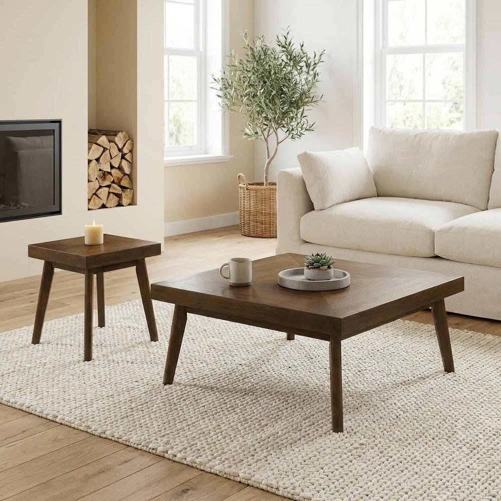 Walnut 2-Piece Square Coffee and End Table Set with Mid-Century Modern Design
