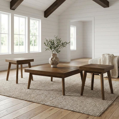 3-Piece Walnut Square Coffee and End Table Set with Mid-Century Modern Design